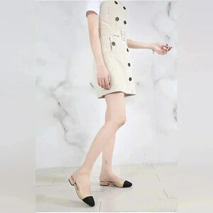 Women French Retro Toe Cap Two-Color Black Beige Flats Slingback Shoes‎ 8.5 NEW